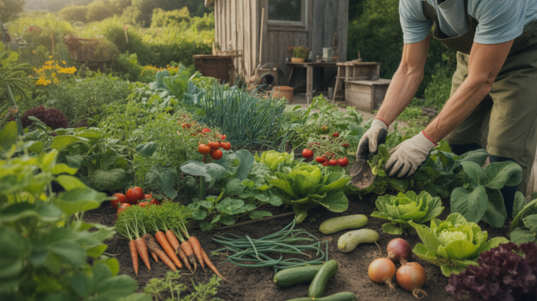 potager réaliste en été avec légumes variés et mains de jardinier en plein entretien