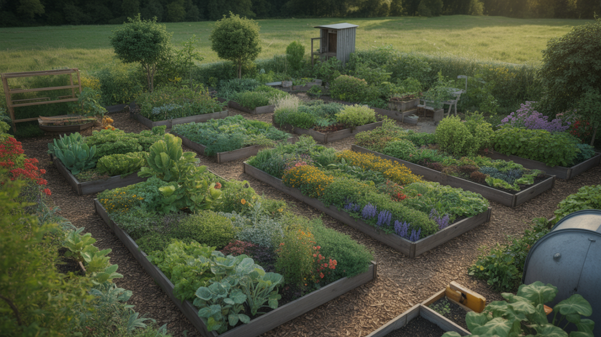Vue réaliste d’un potager en permaculture de 50 m² avec des planches diversifiées, des fleurs, des légumes, un compost et un environnement naturel.