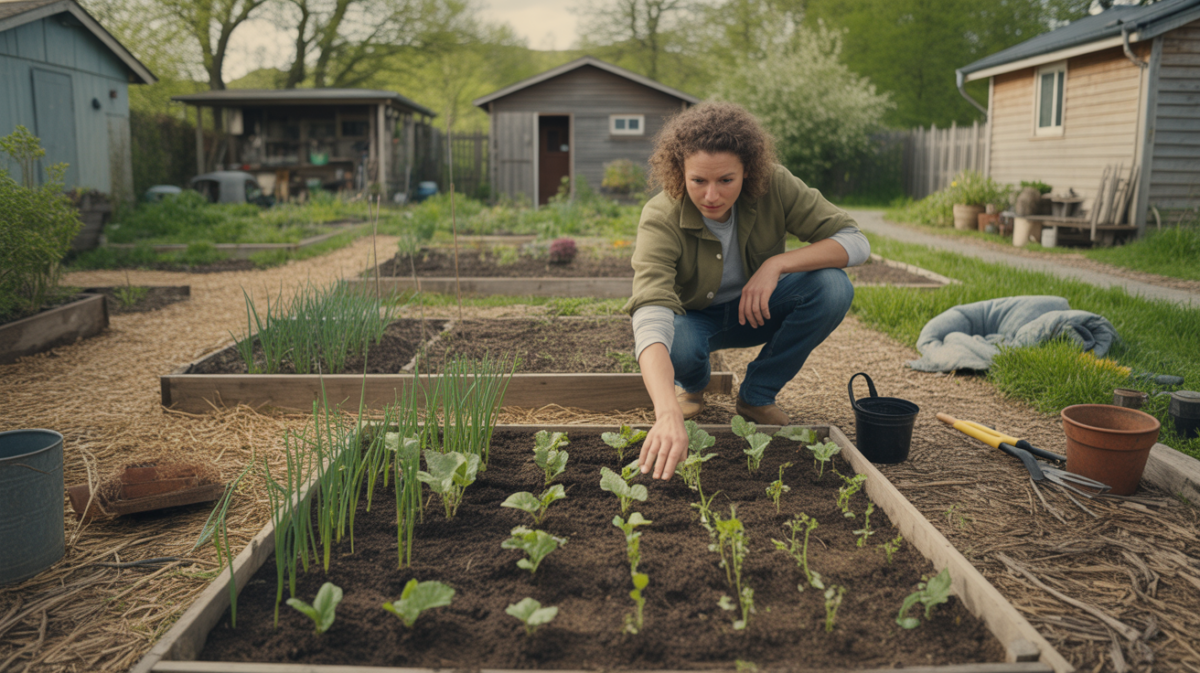 Jardinier débutant travaillant dans un potager en permaculture réaliste avec jeunes plants, sol naturel et outils éparpillés.