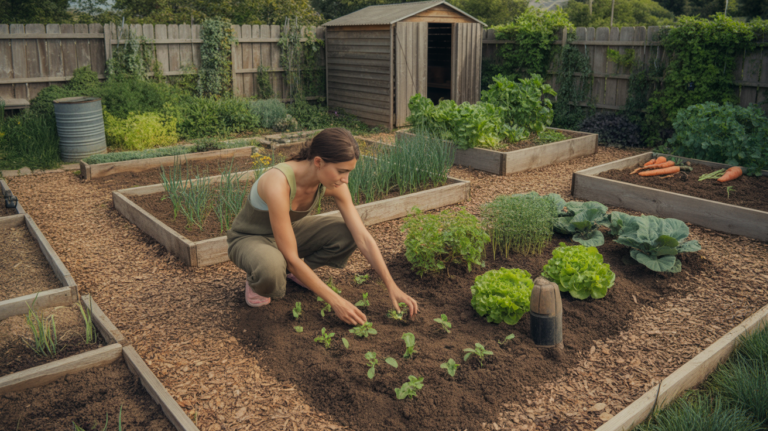 Scène réaliste d’un jardin potager en permaculture pour débutant, avec cultures variées, chemins en copeaux de bois, cabanon en bois et une personne qui plante des semis dans un décor naturel.