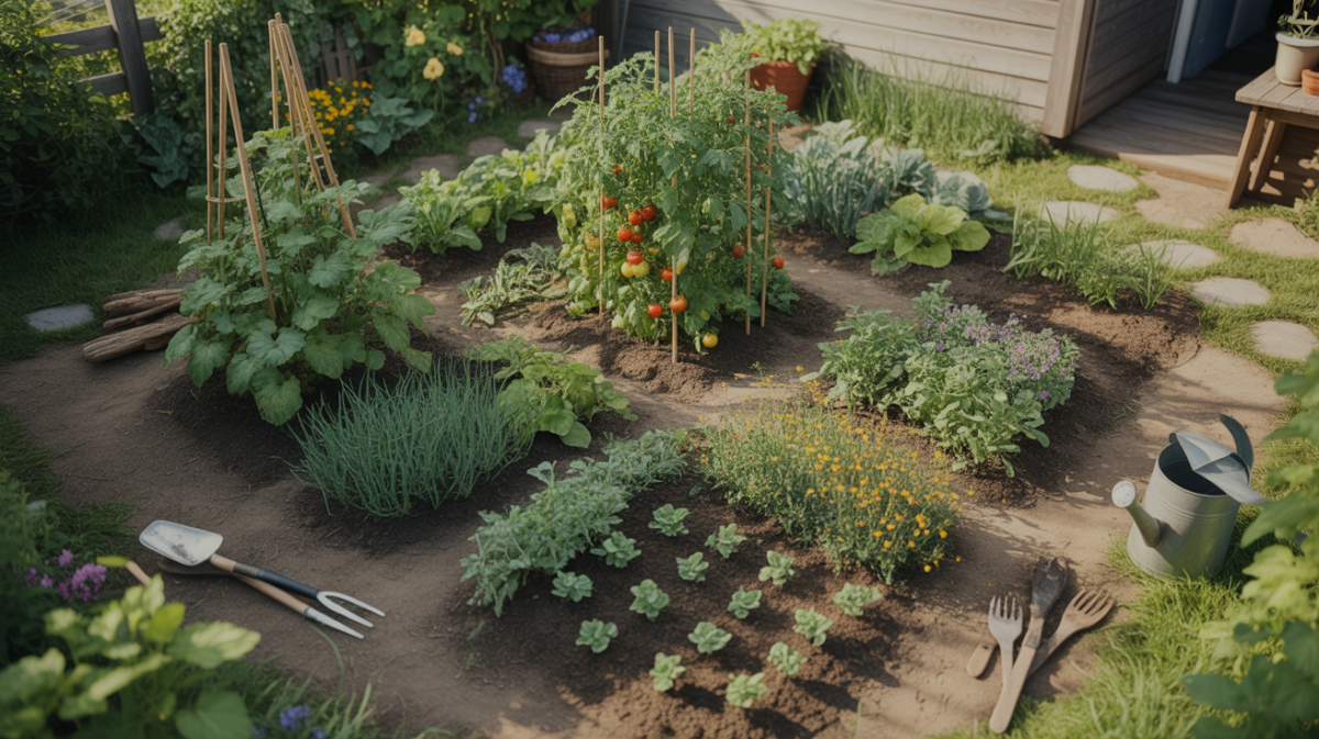 Petit potager permaculturel réaliste de 10 m² avec plantations denses, outils de jardinage et ambiance naturelle.