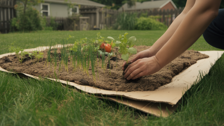 Scène réaliste d’un jardinier installant un potager sans retourner la terre sur une pelouse avec carton, paillage et jeunes plants.