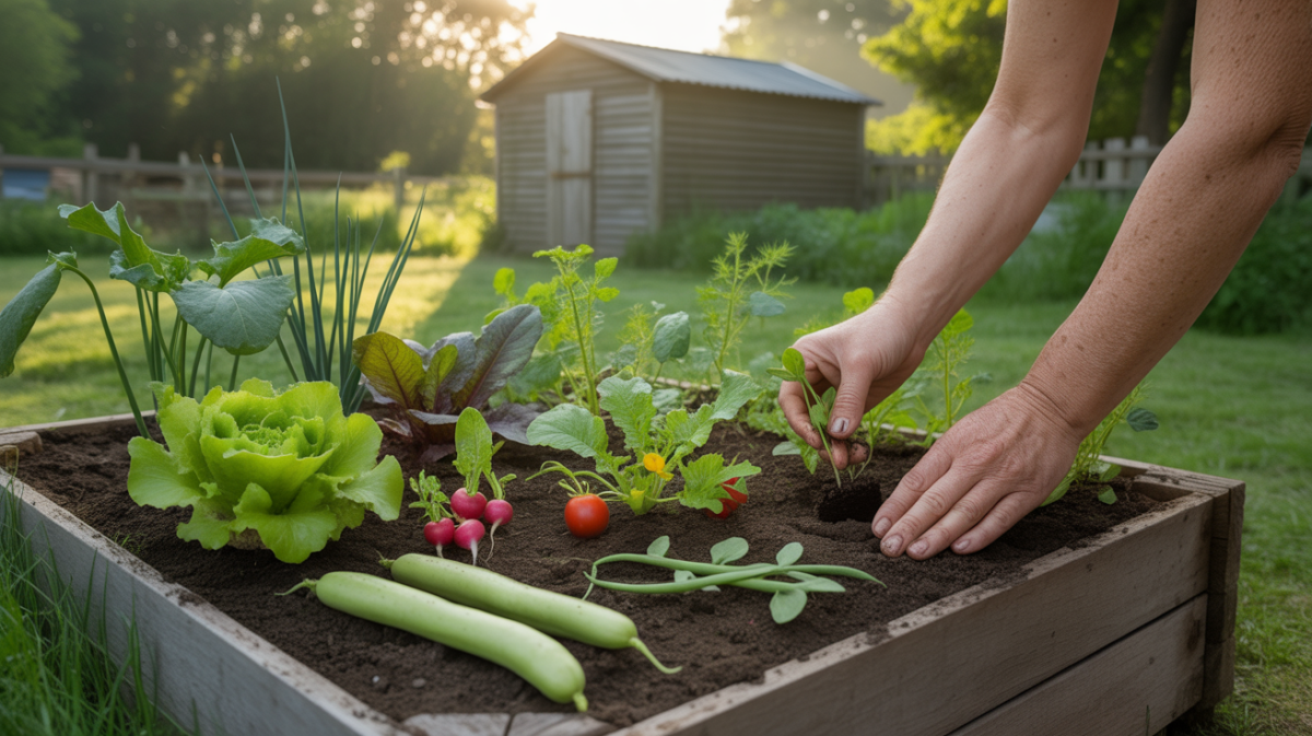 Potager réaliste au lever du soleil avec légumes faciles à cultiver et mains d’un débutant plantant des jeunes pousses dans un jardin naturel.