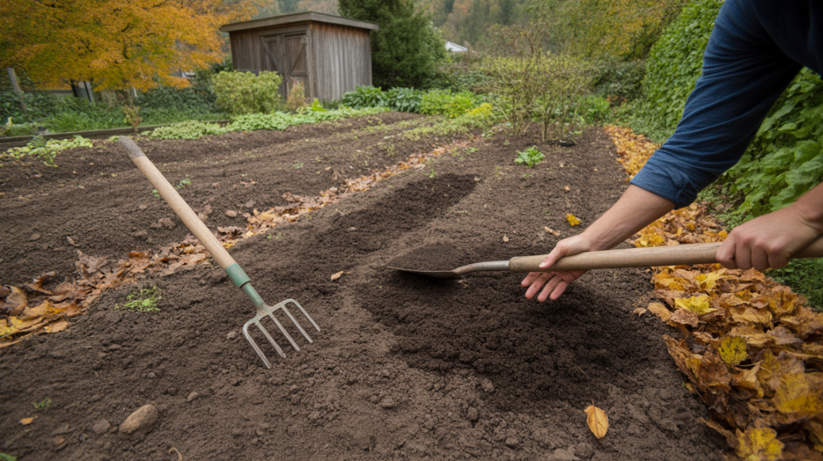 Scène réaliste d’un potager en automne avec terre retournée, compost et outils de jardinage.