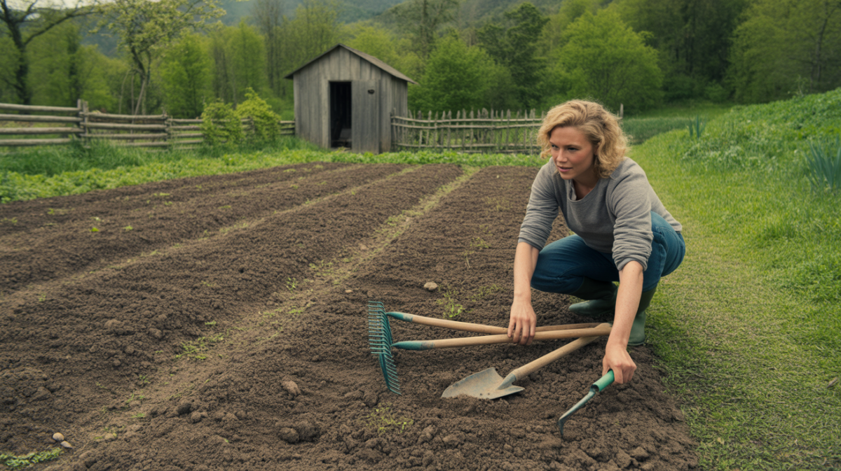 Scène réaliste d’un potager en préparation avec un jardinier organisant un terrain fraîchement travaillé près d’un abri en bois.