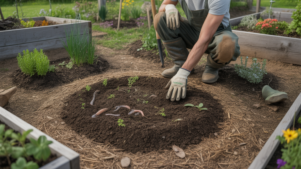Scène réaliste d’un potager en permaculture avec sol vivant couvert de paillage et une personne soulevant délicatement le mulch pour préparer la terre sans la labourer.