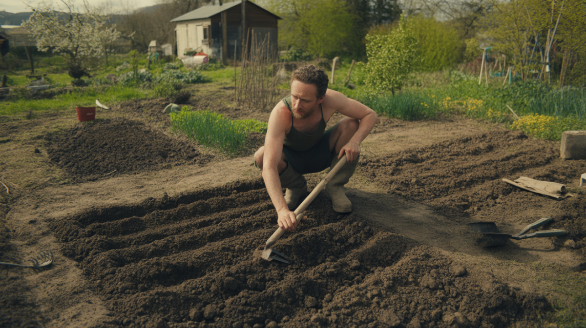 Scène réaliste d’un jardinier préparant la terre d’un potager en pleine terre dans un jardin naturel.