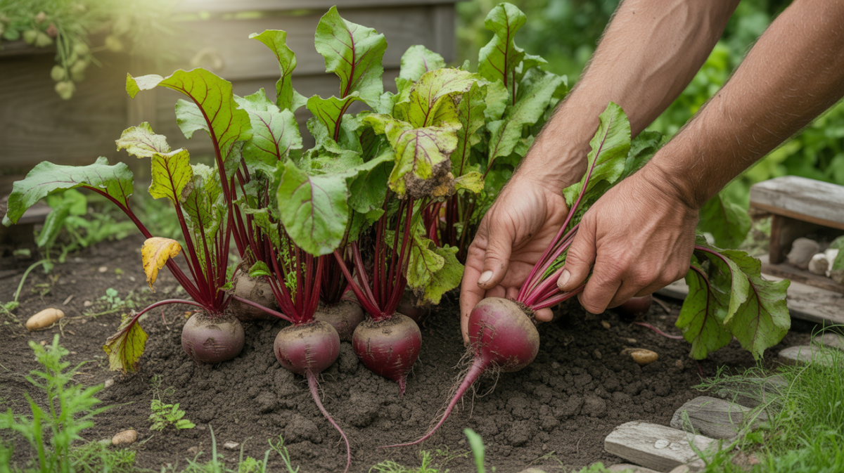 Scène réaliste de betteraves mûres dans un potager, avec un jardinier récoltant une racine dans un sol riche et naturel.