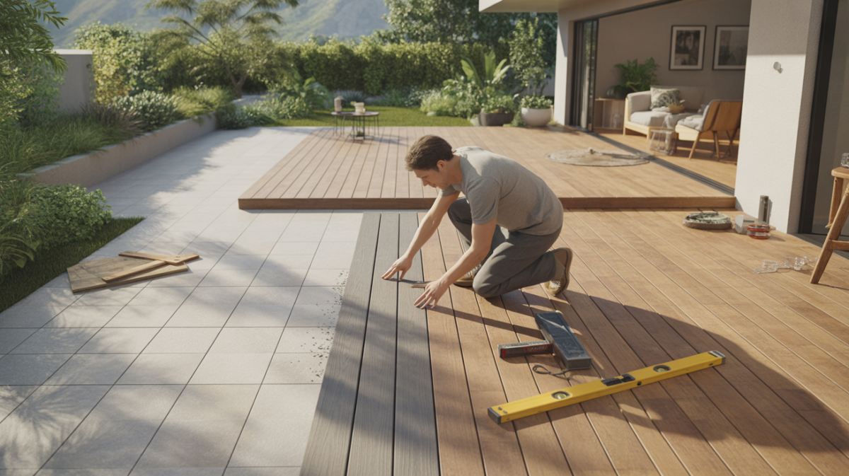 Terrasse extérieure réaliste montrant différents matériaux de revêtement et une personne installant des lames de bois dans un jardin naturel.