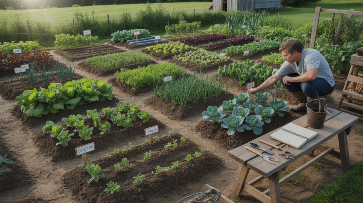 Potager réaliste organisé en parcelles avec différentes cultures et éléments suggérant la planification de la rotation des cultures.