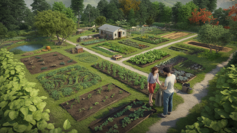 Scène réaliste d’un jardin en permaculture vu en hauteur, montrant un aménagement harmonieux avec potagers en cercle, arbres fruitiers, mare, sentiers et un petit bâtiment agricole réel, avec des personnes travaillant naturellement.