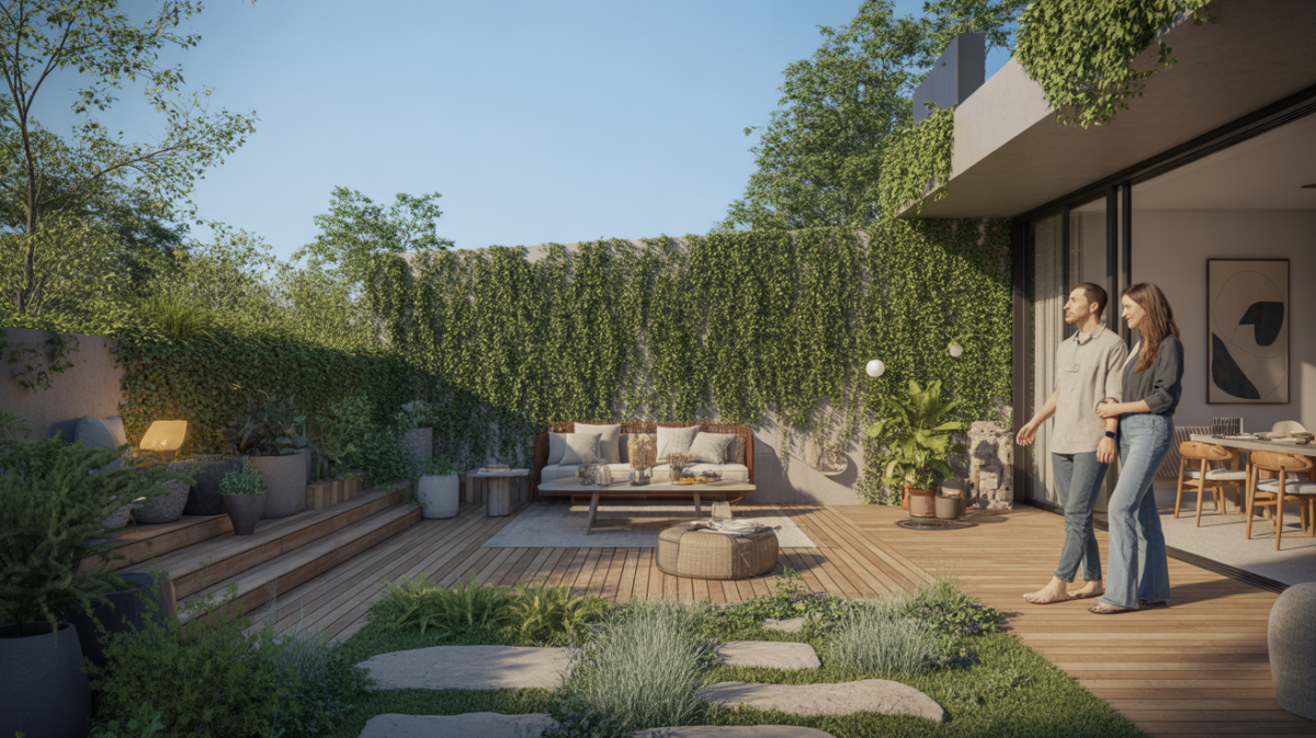 Terrasse moderne et chaleureuse intégrée à un jardin naturel avec bois, pierre, végétation luxuriante et scène de vie authentique.