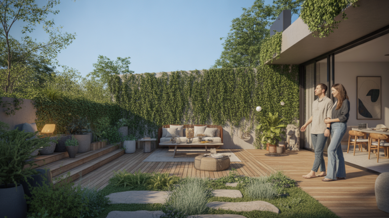 Terrasse moderne et chaleureuse intégrée à un jardin naturel avec bois, pierre, végétation luxuriante et scène de vie authentique.
