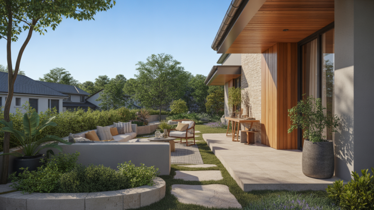Terrasse moderne et naturelle devant une maison contemporaine avec végétation, matériaux authentiques et ambiance chaleureuse de fin d’après‑midi.