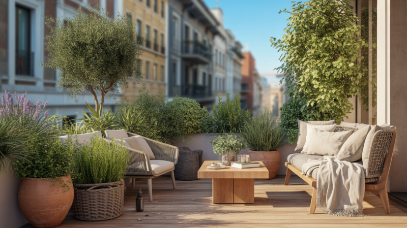 Terrasse extérieure décorée avec plantes méditerranéennes et mobilier moderne en bois, ambiance naturelle et réaliste au coucher du soleil.