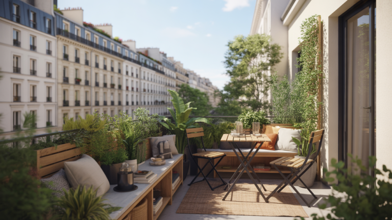 Petite terrasse urbaine de 10m² aménagée avec style, mobilier compact, plantes en pots et ambiance naturelle réaliste.