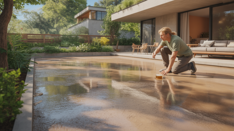 Terrasse extérieure moderne en 2026 avec revêtement en résine réaliste, maison contemporaine, jardin naturel et scène authentique.