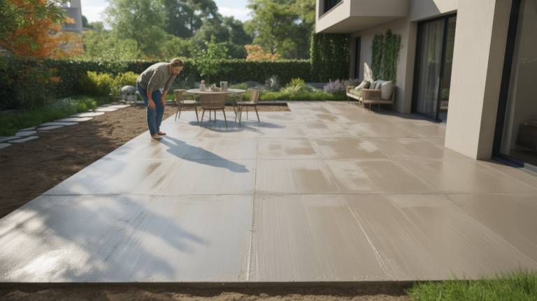 Terrasse extérieure en béton fraîchement réalisée dans un jardin moderne, avec une finition réaliste et un environnement naturel.