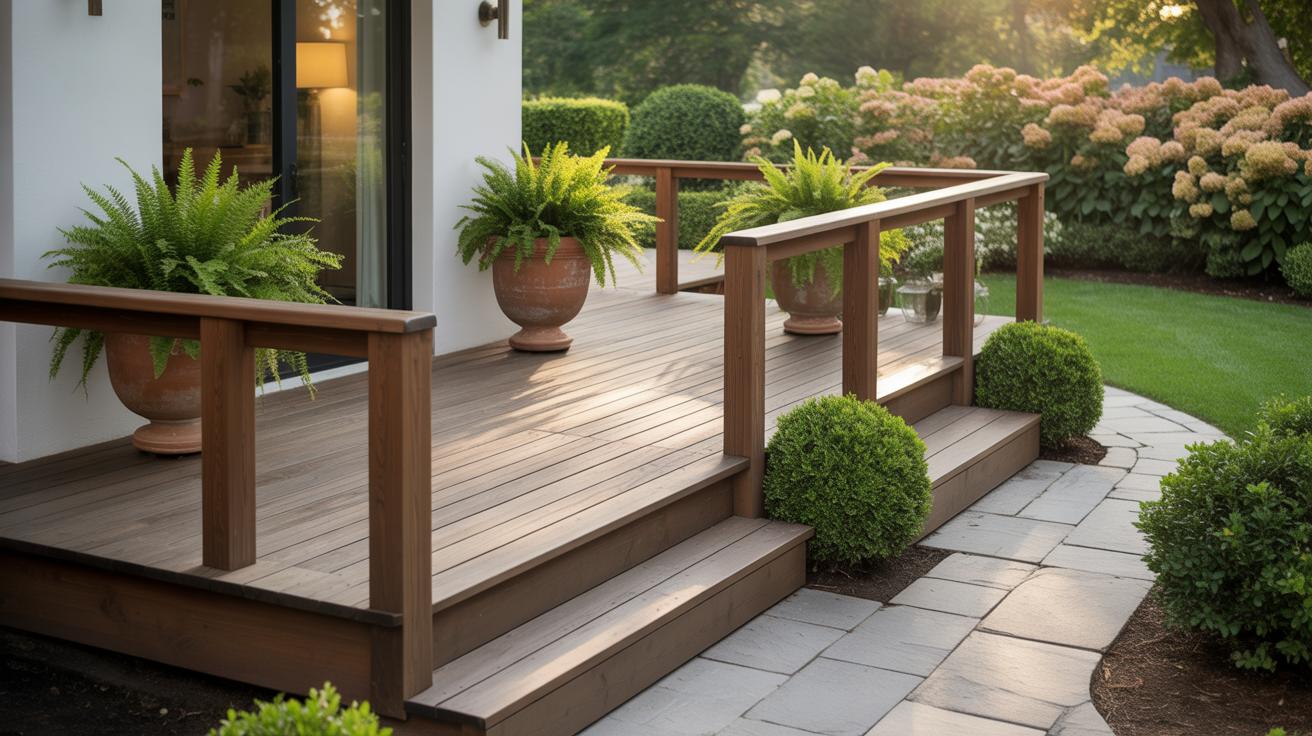 Terrasse en bois foncé avec jardinières et allée de pierre menant à un jardin fleuri