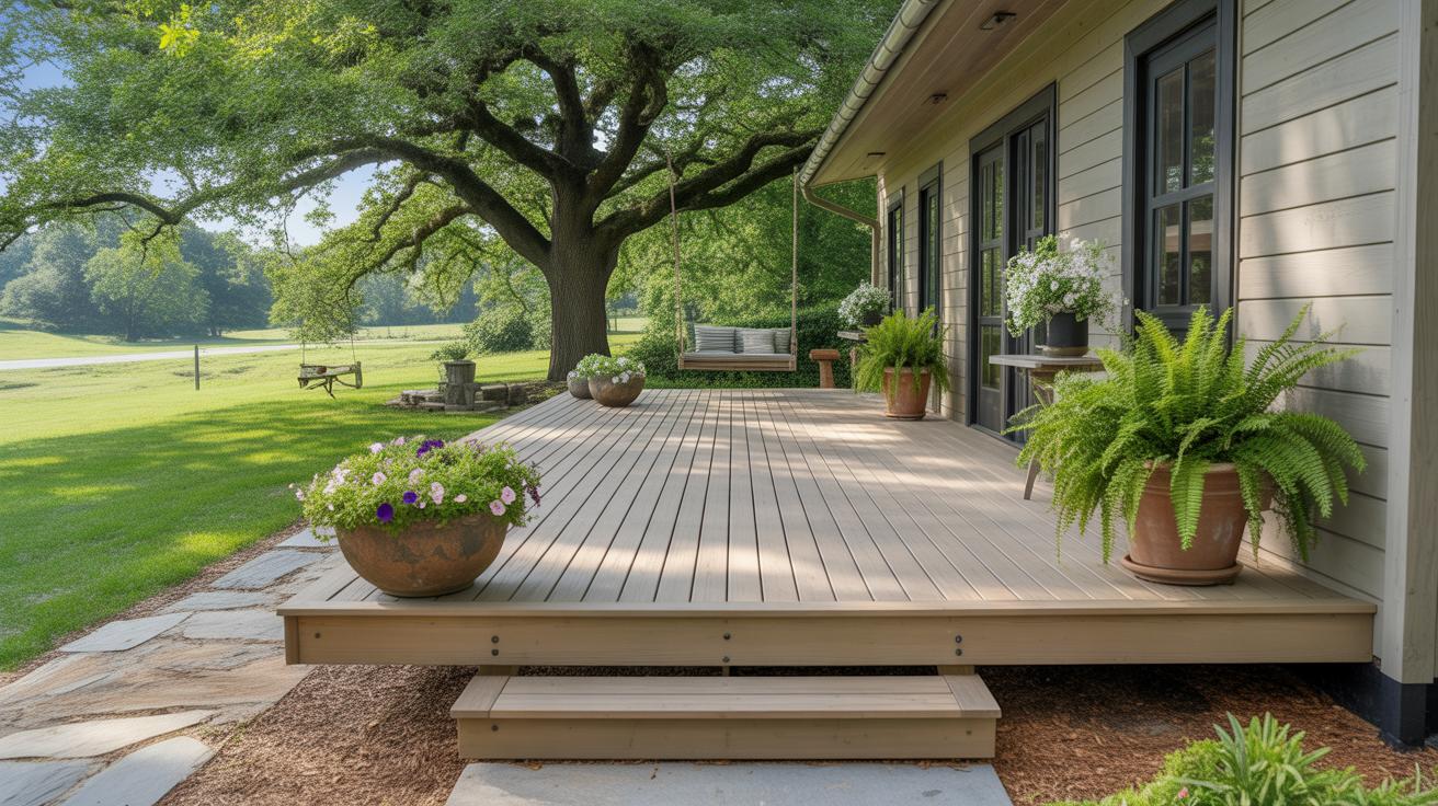 Terrasse de ferme moderne en bois composite avec plantes en pot et balançoire