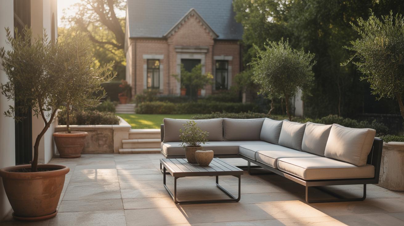 Terrasse en pierre moderne avec mobilier minimaliste et maison en brique en arrière-plan