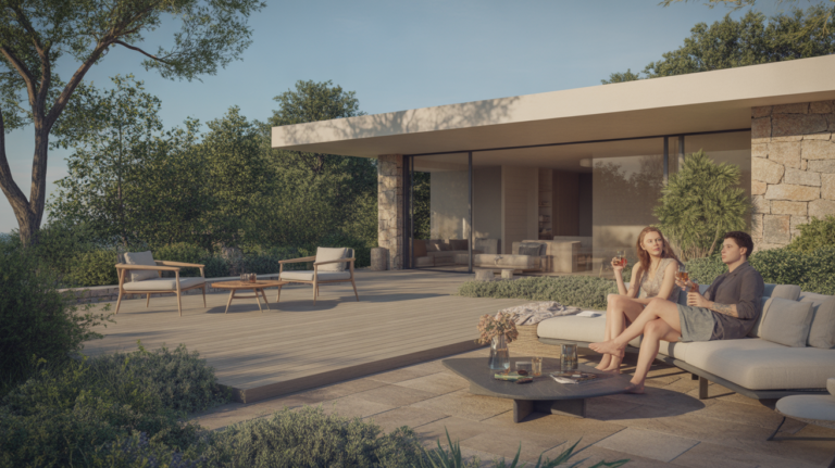 Terrasse extérieure moderne et réaliste avec mobilier élégant, végétation luxuriante et maison contemporaine en arrière-plan.