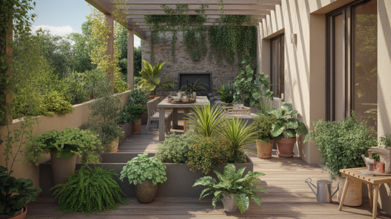 Terrasse en bois réaliste aménagée avec des plantes placées selon leur exposition au soleil, avec couleurs vives, textures naturelles et détails authentiques.
