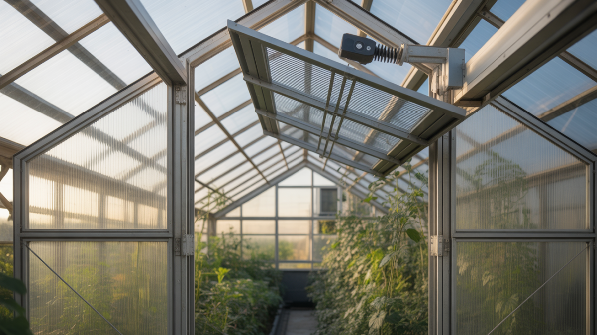 Intérieur réaliste d’une serre moderne montrant un système d’aération automatique en fonctionnement avec lumière naturelle et plantes vigoureuses.