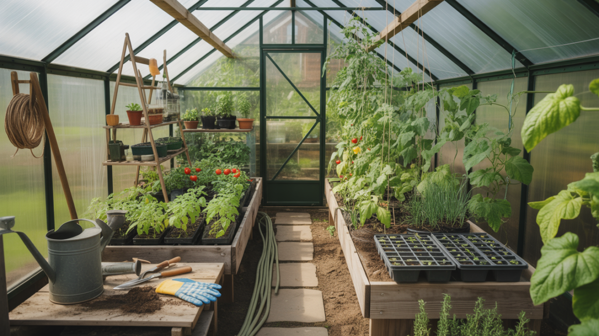 Intérieur réaliste d'une serre bien aménagée avec plantes luxuriantes, outils de jardinage et lumière naturelle.