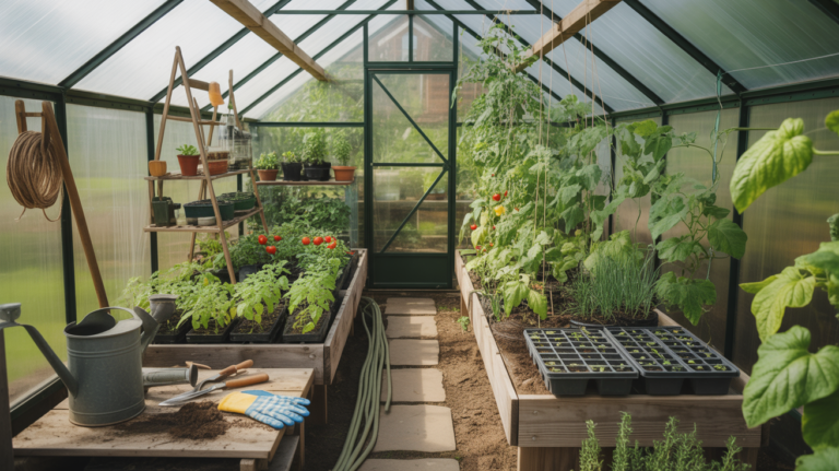 Intérieur réaliste d'une serre bien aménagée avec plantes luxuriantes, outils de jardinage et lumière naturelle.