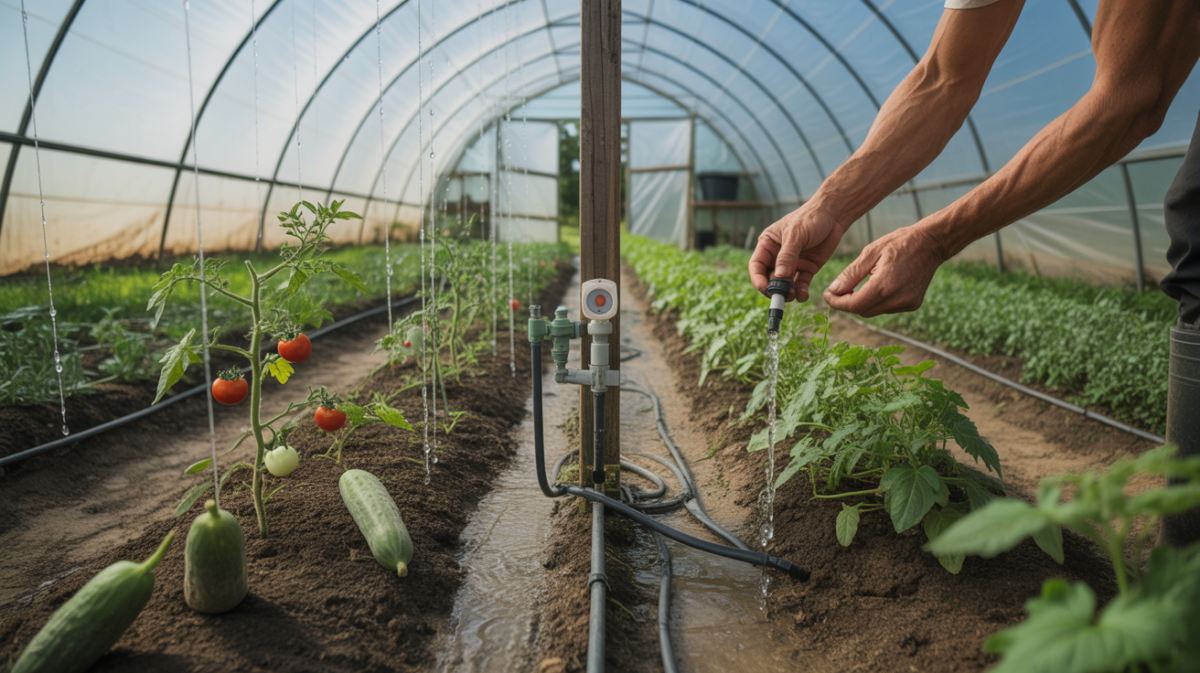 Intérieur réaliste d’une serre tunnel avec système d’arrosage automatique en fonctionnement, plantes luxuriantes et installation authentique.