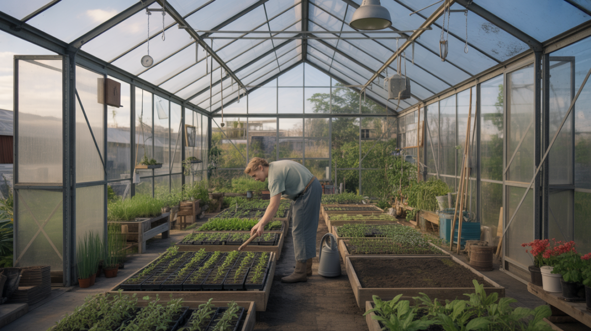 Intérieur réaliste d’une serre au petit matin avec un jardinier s’occupant de plantes à différents stades de croissance dans un environnement naturel et authentique.