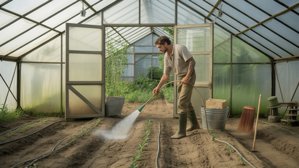 Scène réaliste dans une serre où un agriculteur désinfecte naturellement l’espace entre deux cultures avec des produits biologiques.