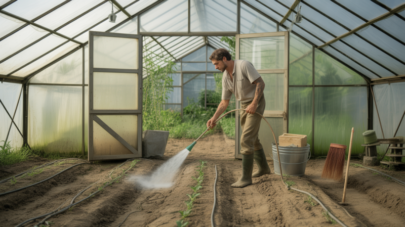 Scène réaliste dans une serre où un agriculteur désinfecte naturellement l’espace entre deux cultures avec des produits biologiques.