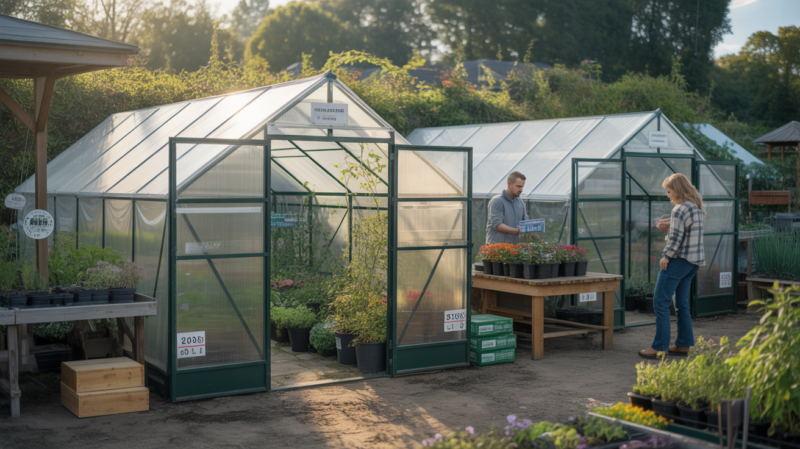 Scène réaliste dans une jardinerie au lever du soleil montrant des serres de jardin en promotion avec des matériaux authentiques, des jardiniers réalistes et une ambiance naturelle.