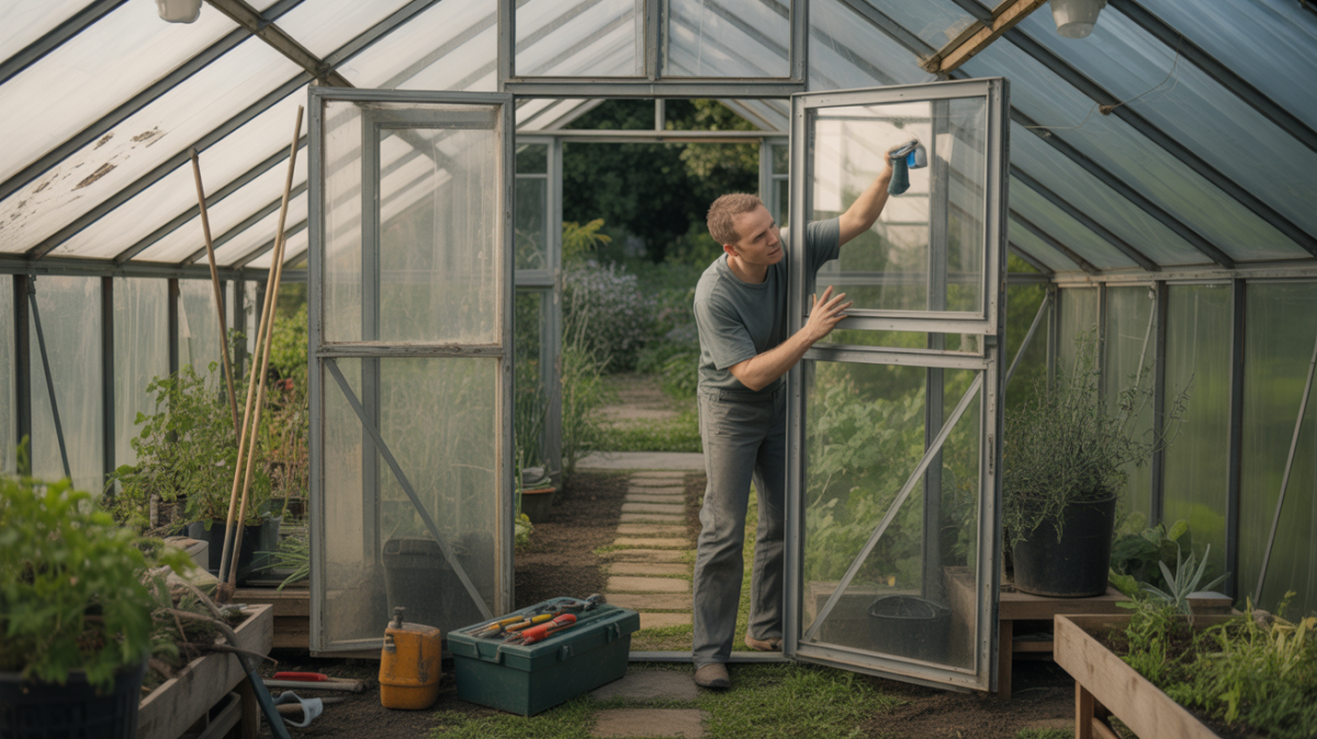 Scène réaliste d’un jardinier entretenant une serre, nettoyant une paroi vitrée entouré de plantes et d’outils de réparation.