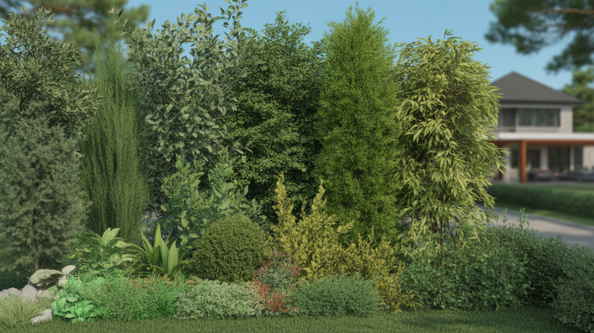 Haie brise‑vue dense et naturelle composée de plantes à croissance rapide dans un jardin réaliste.