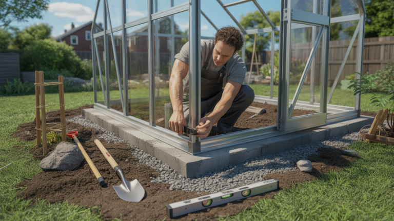 Montage réaliste d'une serre de jardin en cours d'installation avec fondations visibles et jardin authentique.