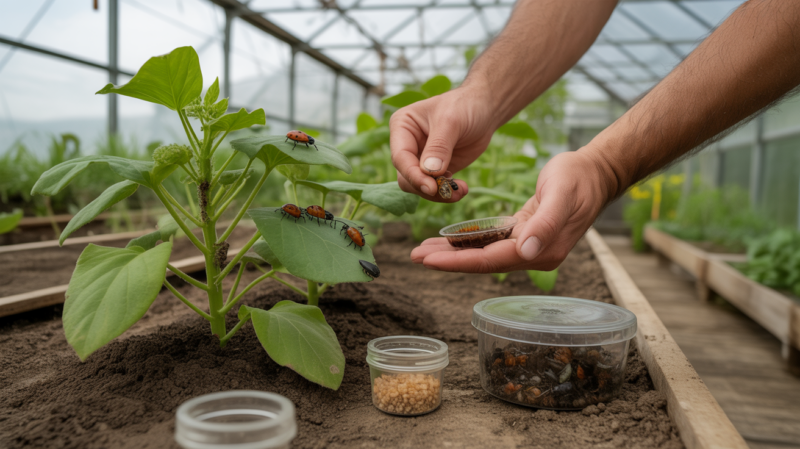 Scène réaliste dans une serre où un jardinier applique des méthodes biologiques avec des insectes auxiliaires pour lutter contre les nuisibles.
