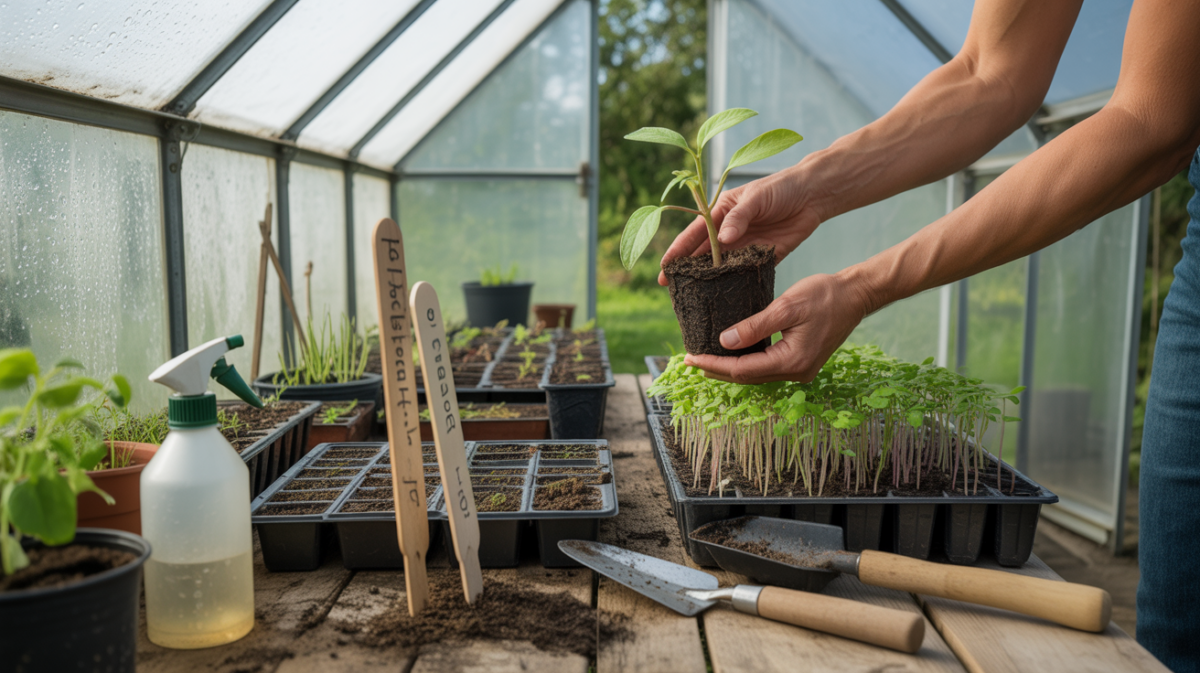 Jeunes semis en pleine croissance dans une mini‑serre réaliste, éclairés par une lumière naturelle du matin avec les mains d’un jardinier manipulant délicatement une plantule.