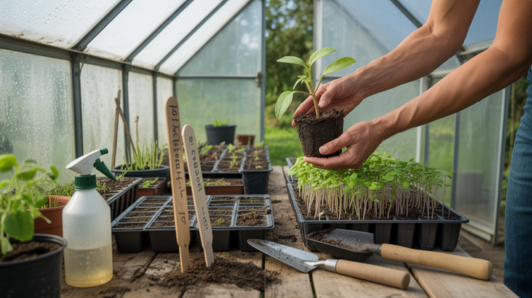 Jeunes semis en pleine croissance dans une mini‑serre réaliste, éclairés par une lumière naturelle du matin avec les mains d’un jardinier manipulant délicatement une plantule.