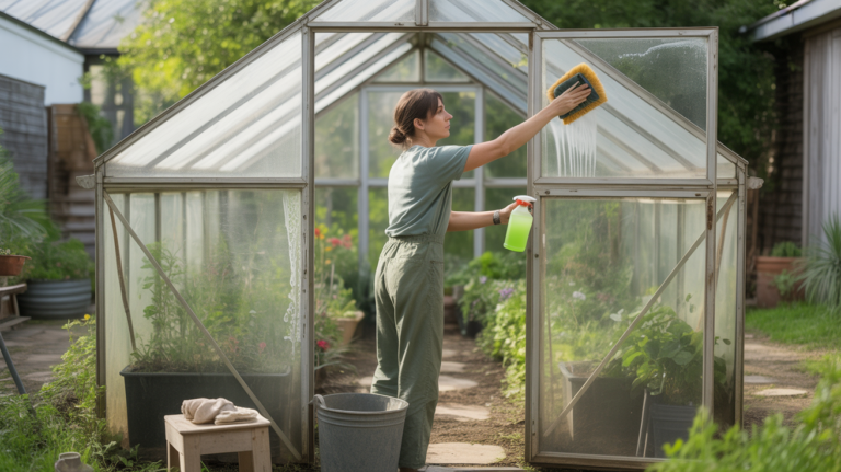 Jardinier nettoyant l’intérieur d’une serre en verre réaliste avec des outils et produits écologiques, dans un jardin lumineux et naturel.