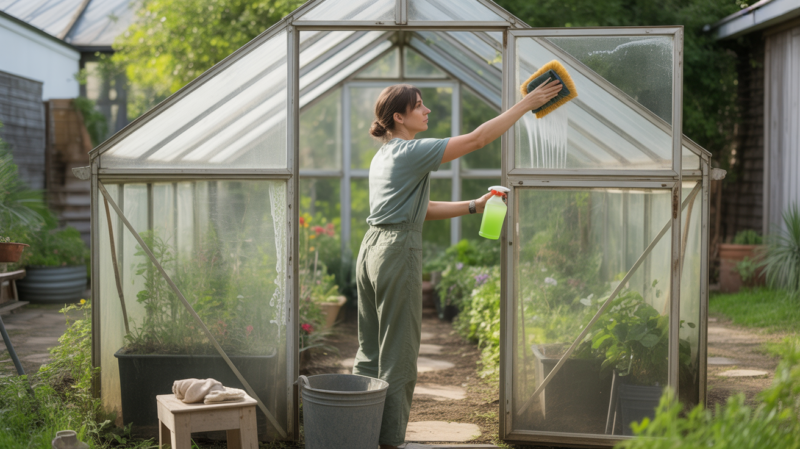 Jardinier nettoyant l’intérieur d’une serre en verre réaliste avec des outils et produits écologiques, dans un jardin lumineux et naturel.
