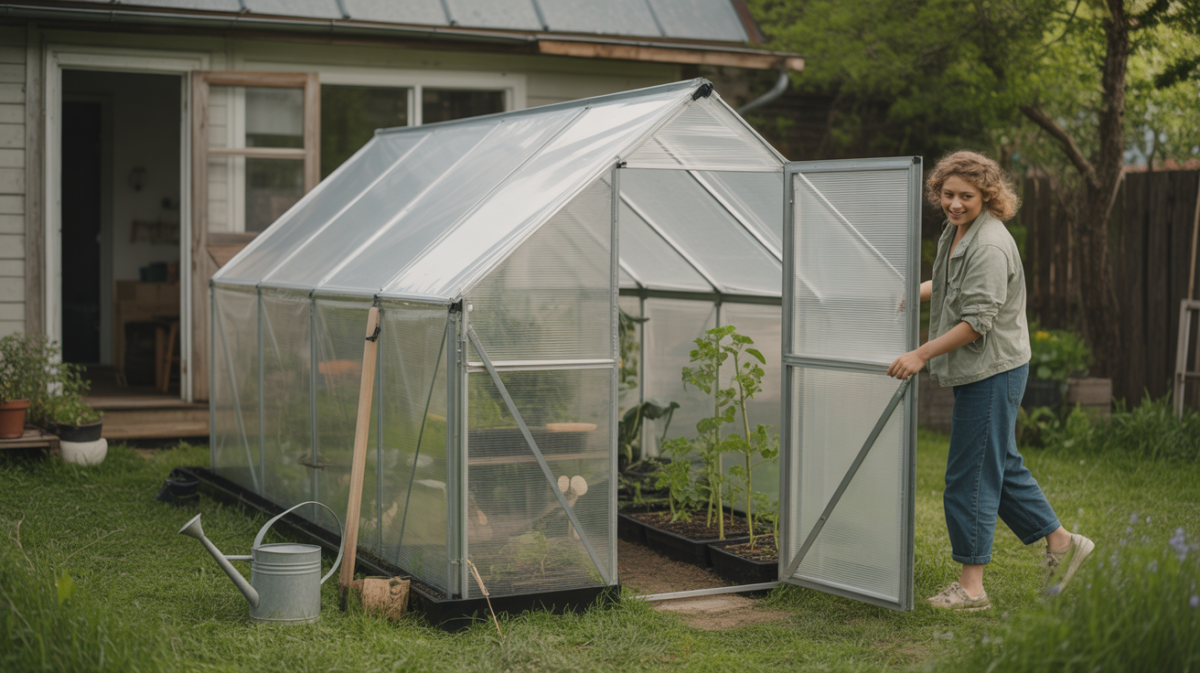 Image réaliste d’une petite serre de jardin pour débutants dans un jardin naturel avec un jardinier amateur.