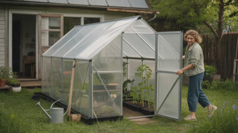 Image réaliste d’une petite serre de jardin pour débutants dans un jardin naturel avec un jardinier amateur.