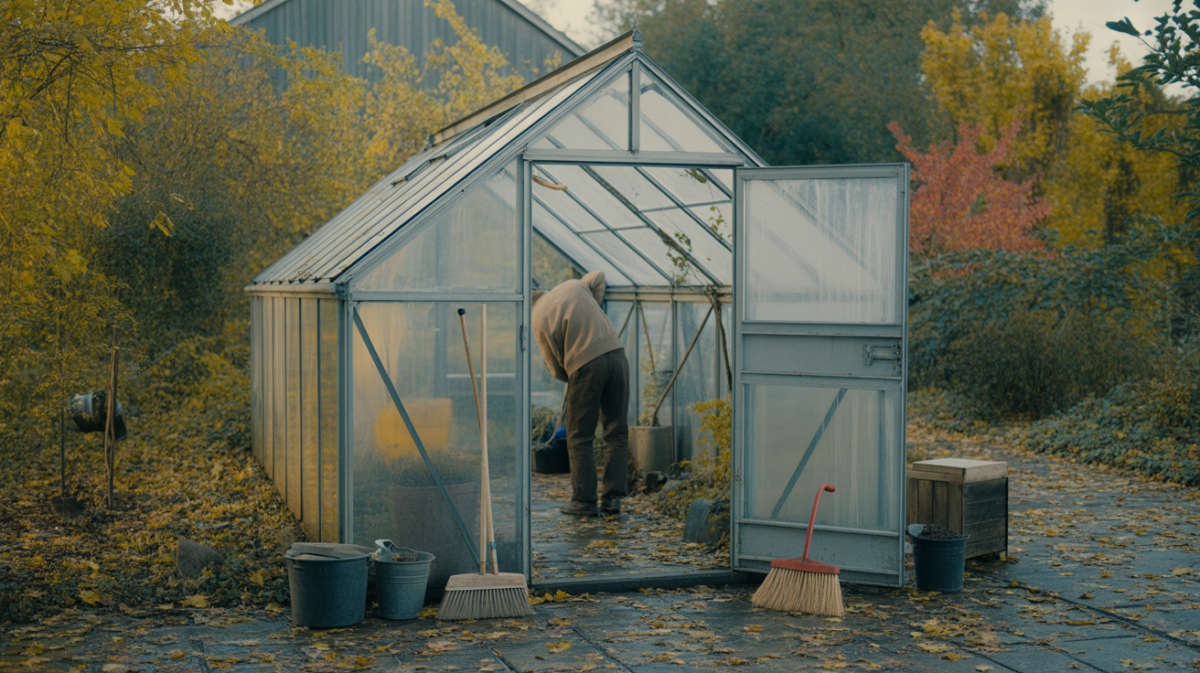 Serre vide en automne en cours de nettoyage pour l’hivernage, avec outils de jardinage et ambiance naturelle réaliste.