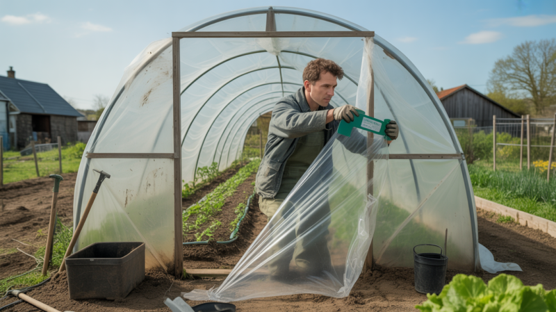 Jardinier réparant de manière réaliste la bâche déchirée d'une serre tunnel dans un potager rural, avec outils et environnement naturel.