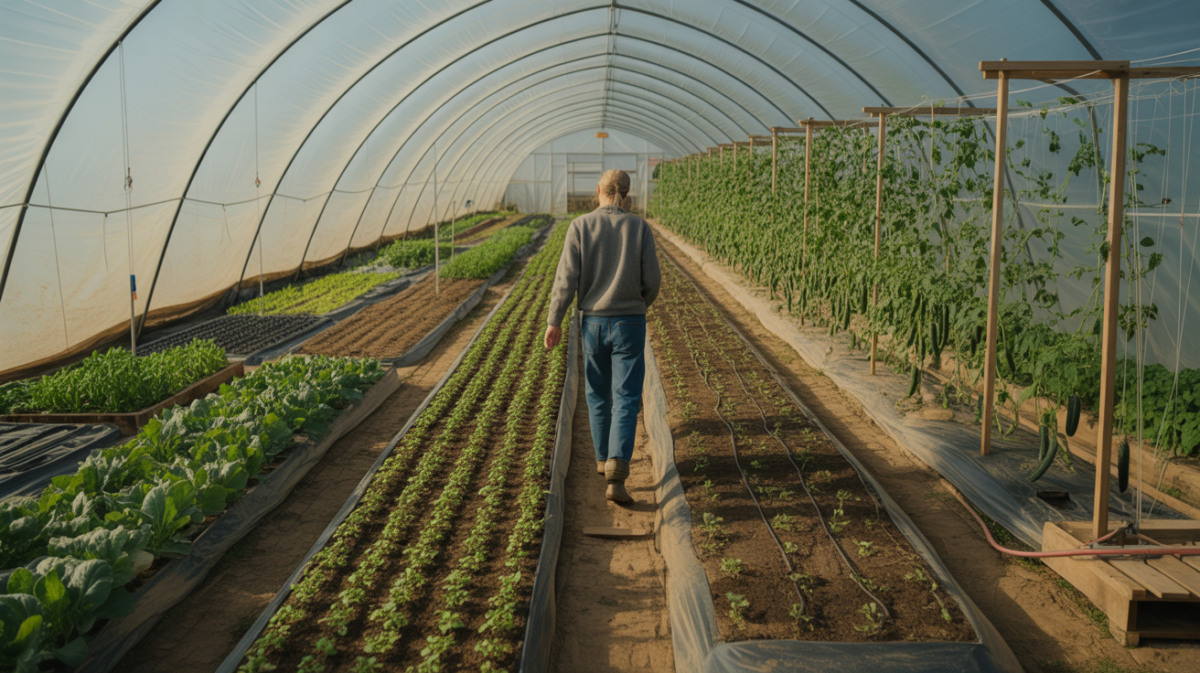 Scène réaliste d’un agriculteur dans une serre tunnel montrant différentes cultures à divers stades pour illustrer la rotation annuelle.