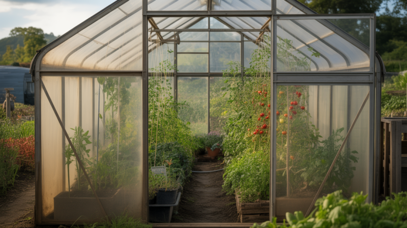 Serre réaliste avec plantes de différentes saisons poussant ensemble sous une lumière naturelle.