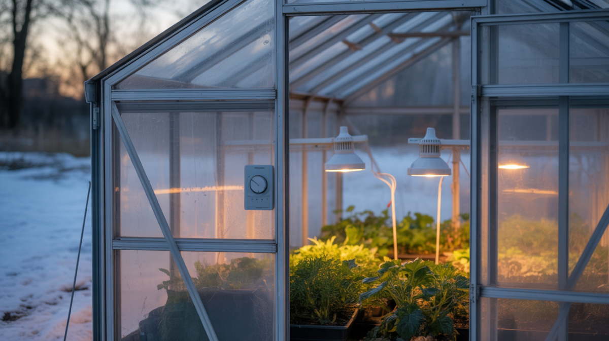 Intérieur réaliste d’une serre en hiver avec plantes éclairées par des lampes horticoles chaudes et un ciel extérieur froid au crépuscule.